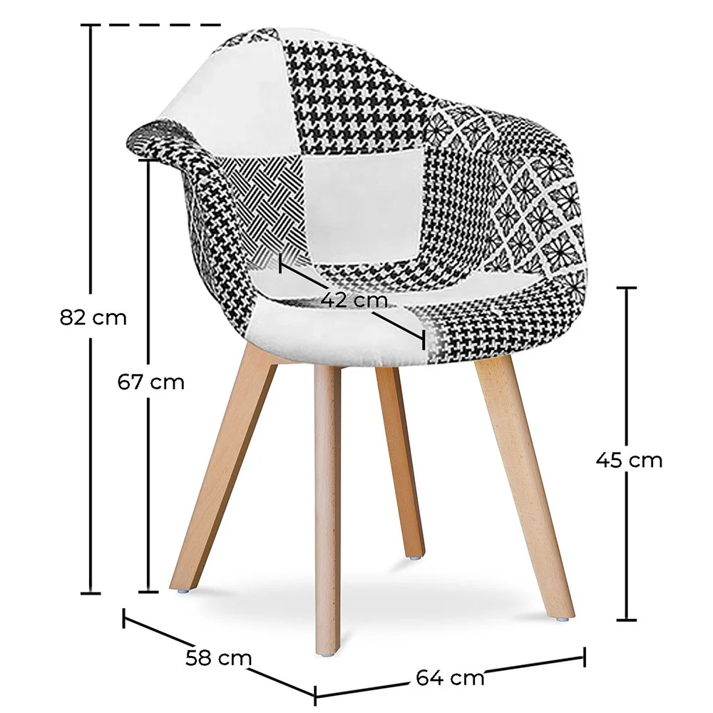 Chaise de Salle à Manger avec Accoudoirs - Tapissée en Patchwork - Blanc et Noir - Dominic image 10