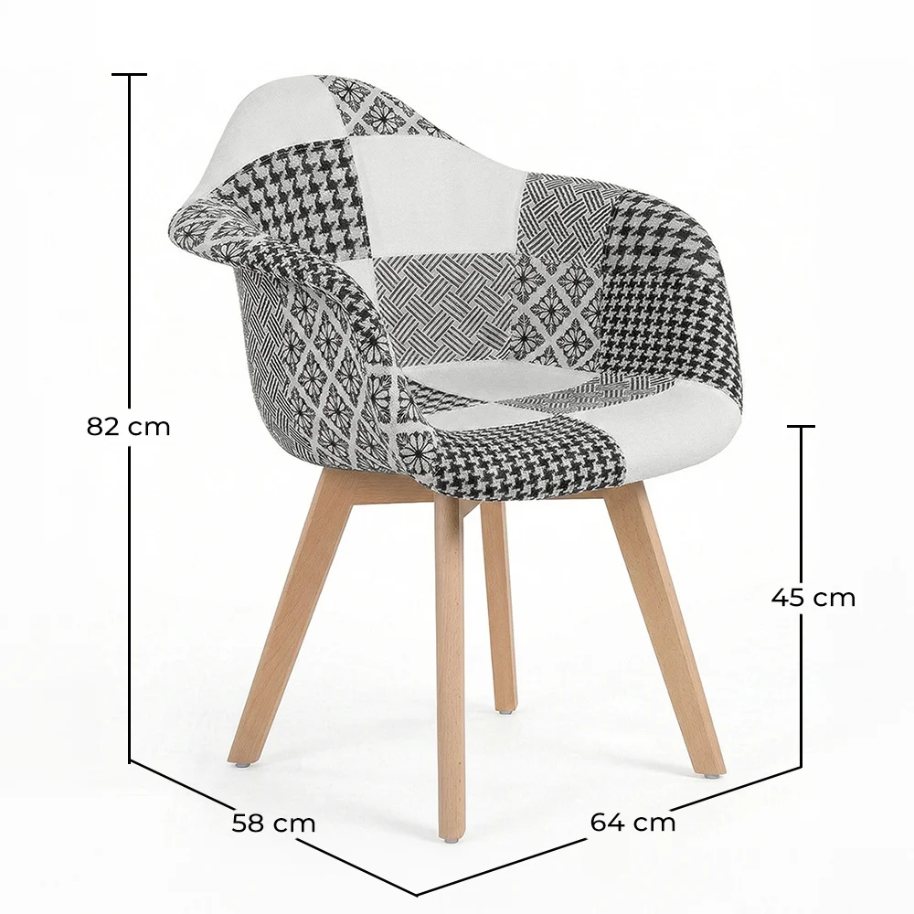Chaise de Salle à Manger avec Accoudoirs - Tapissée en Patchwork - Blanc et Noir - Dominic image 10