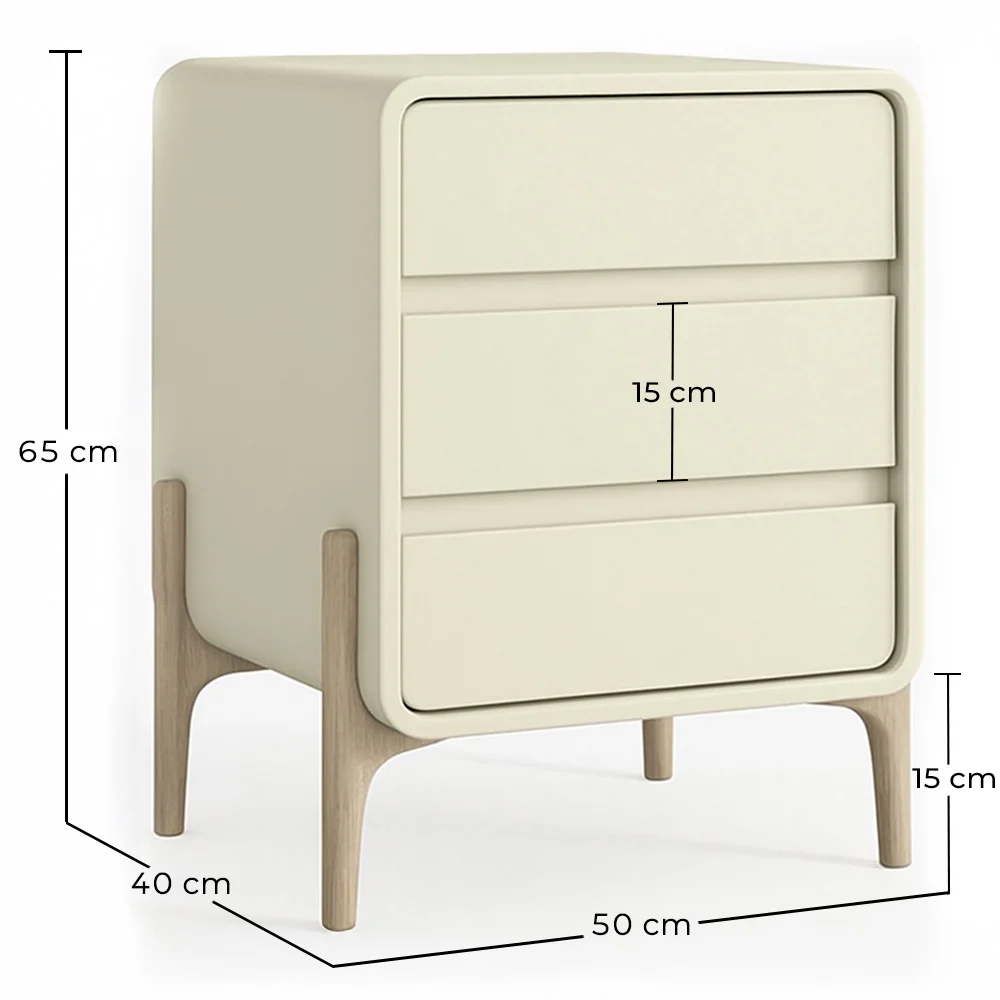 Table de chevet Scandi moderne recouverte de simili cuir avec 3 tiroirs et pieds en bois naturel - Bennis image 10