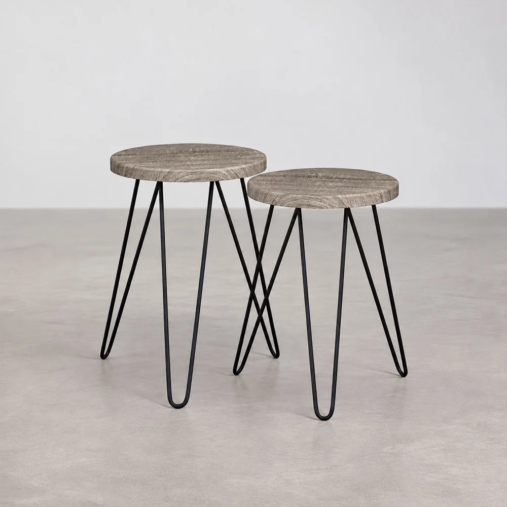 Ensemble de 2 tables d'appoint - Design industriel - Bois et métal - Hairpin image 8
