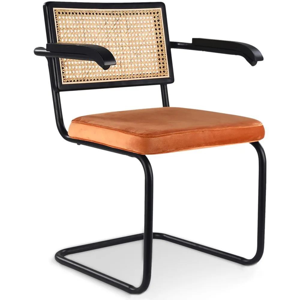 Chaise de salle à manger avec accoudoirs - tapissée de velours - bois et rotin - Puila image 8