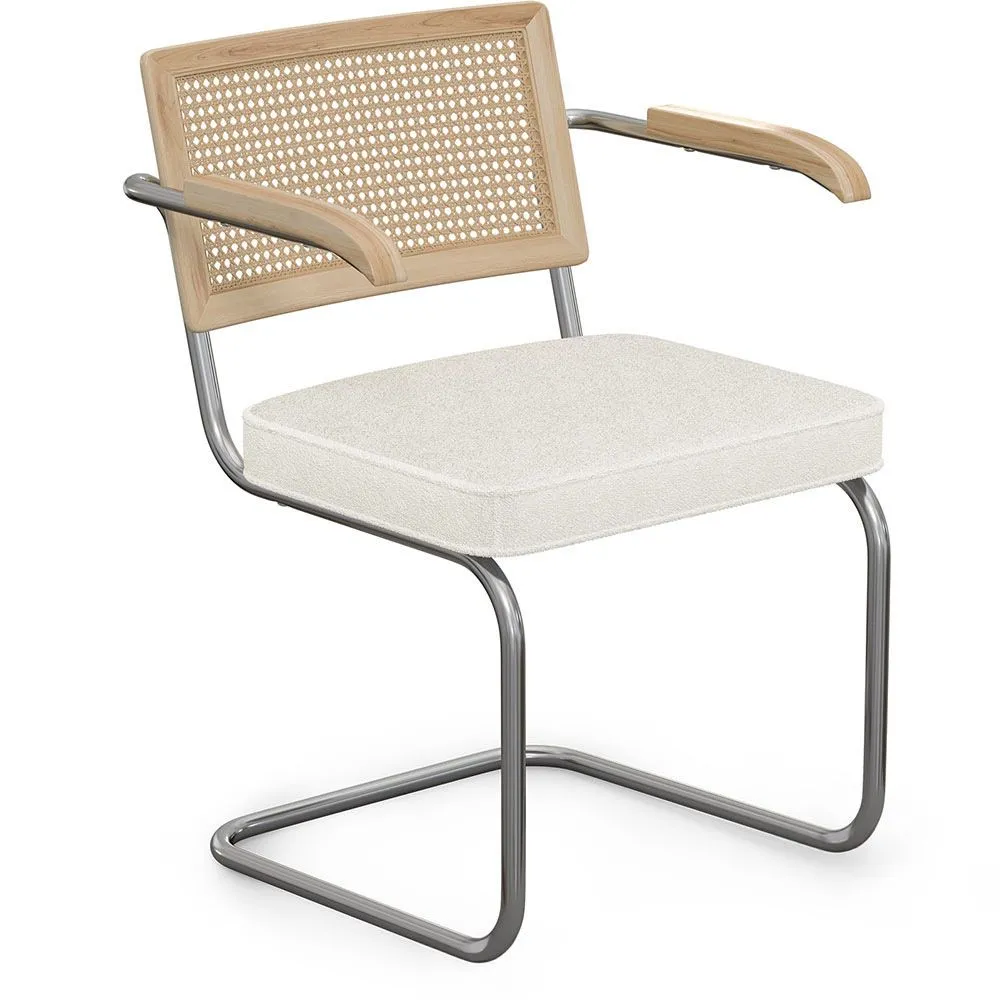 Chaise de salle à manger avec accoudoirs En Bouclette Fausse Fourrure Tapissée - Boucles Blanches- Bois et rotin - Birey image 8
