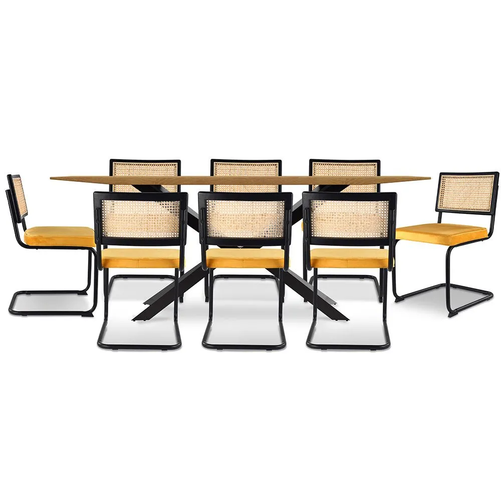 Pack Table à manger en bois design industriel (220cm) & 8 chaises de salle à manger en rotin tapissées de velours - Puila image 8