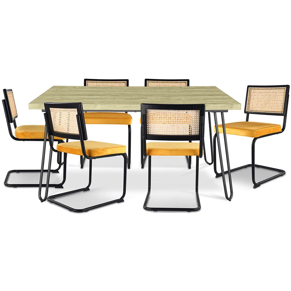 Pack Table à manger design industriel 150cm & 6 chaises de salle à manger en rotin - tapisserie en velours - Puila image 8
