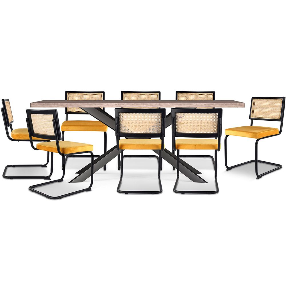 Pack Table à manger design en bois (200cm) & 8 chaises de salle à manger en rotin - tapissées en velours - Puila image 8