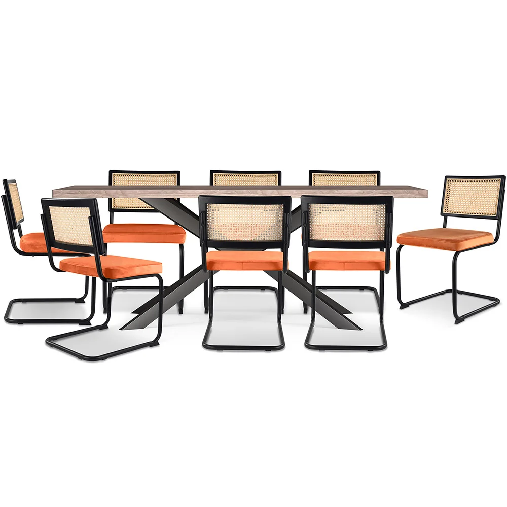 Pack Table à manger design en bois (200cm) & 8 chaises de salle à manger en rotin - tapissées en velours - Puila image 8