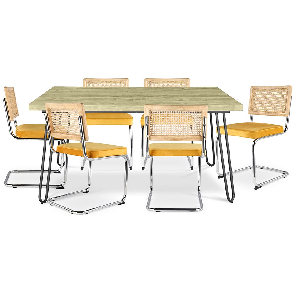 Pack Table à manger design industriel 150cm & 6 Chaises à manger en rotin - Tapisserie en velours - Martha image 8
