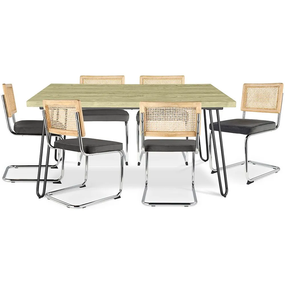 Pack Table à manger design industriel 150cm & 6 Chaises à manger en rotin - Tapisserie en velours - Martha image 8