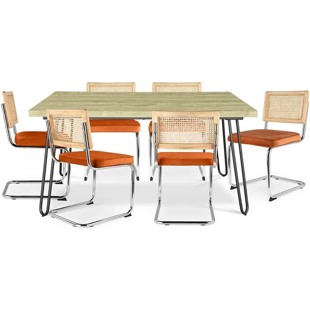Pack Table à manger design industriel 150cm & 6 Chaises à manger en rotin - Tapisserie en velours - Martha image 8