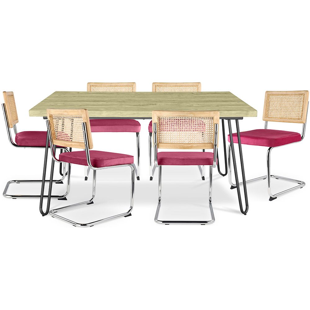 Pack Table à manger design industriel 150cm & 6 Chaises à manger en rotin - Tapisserie en velours - Martha image 8