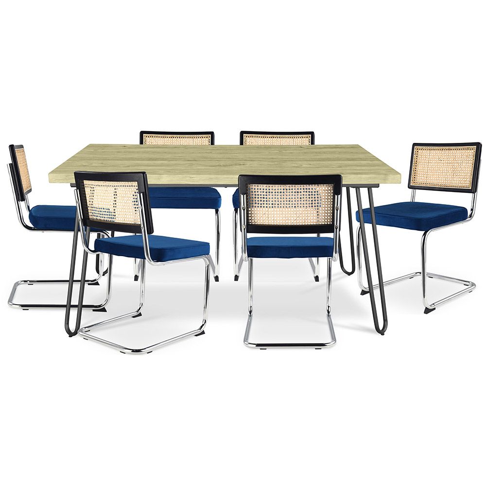 Pack Table à manger design industriel 150cm & 6 chaises de salle à manger en rotin - tapisserie en velours - Hyre image 8