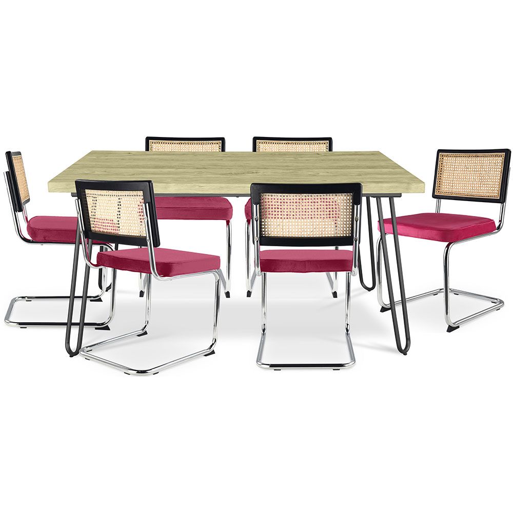 Pack Table à manger design industriel 150cm & 6 chaises de salle à manger en rotin - tapisserie en velours - Hyre image 8