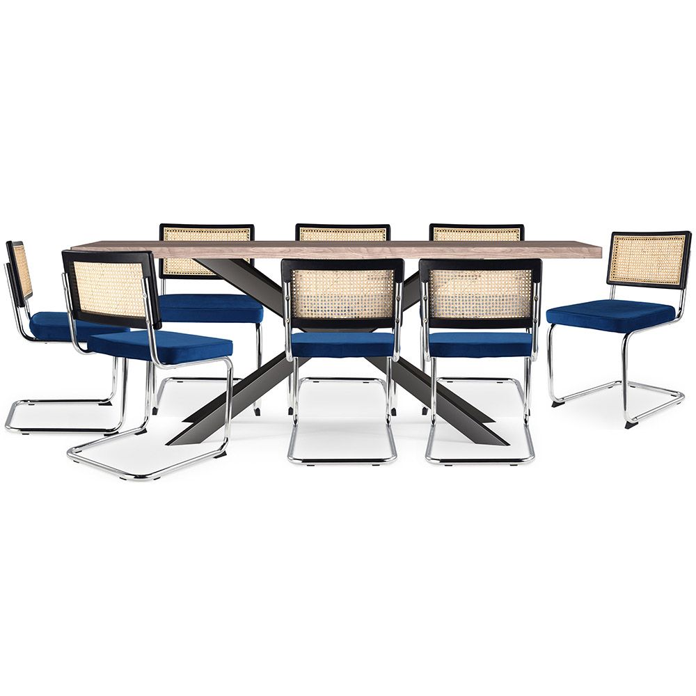 Pack Table à manger en bois design industriel (200cm) & 8 chaises à manger en rotin - tapisserie en velours - Hyre image 8