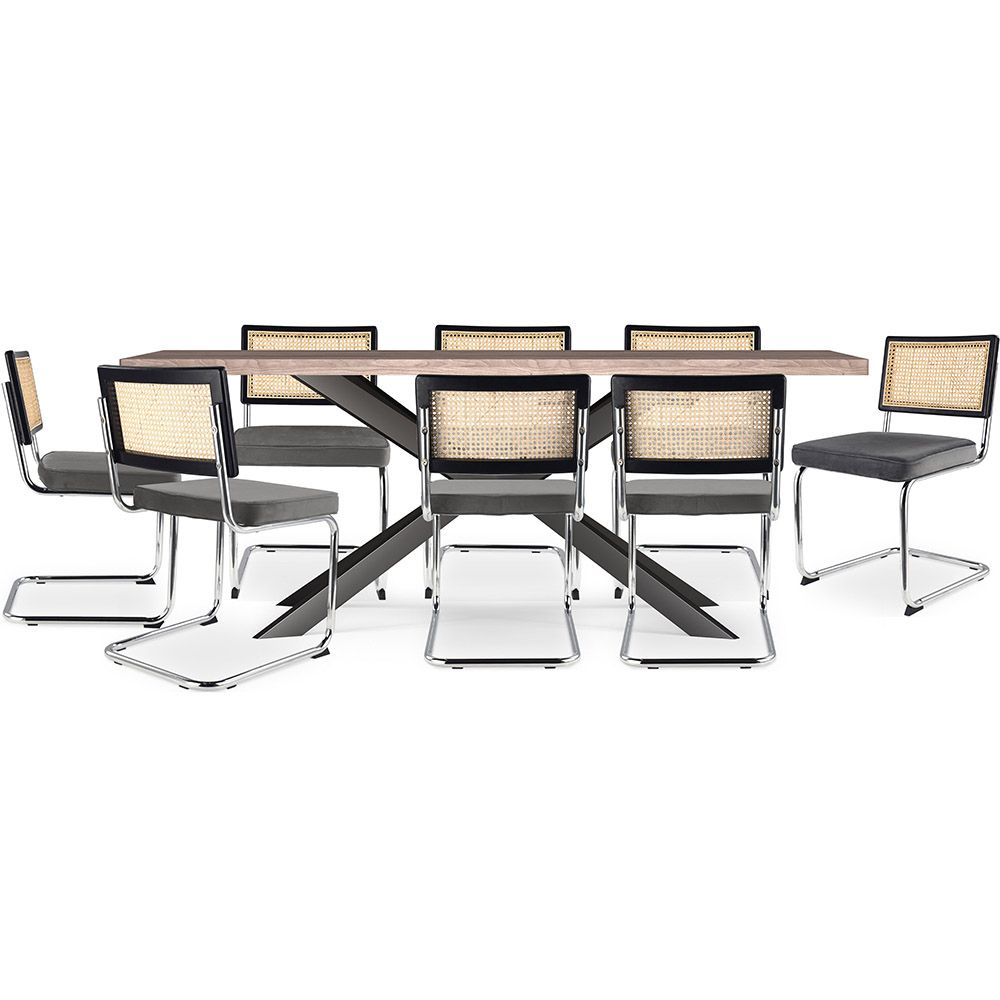 Pack Table à manger en bois design industriel (200cm) & 8 chaises à manger en rotin - tapisserie en velours - Hyre image 8