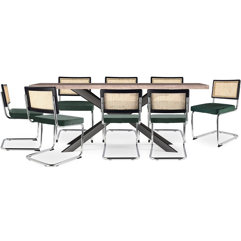 Pack Table à manger en bois design industriel (200cm) & 8 chaises à manger en rotin - tapisserie en velours - Hyre image 8