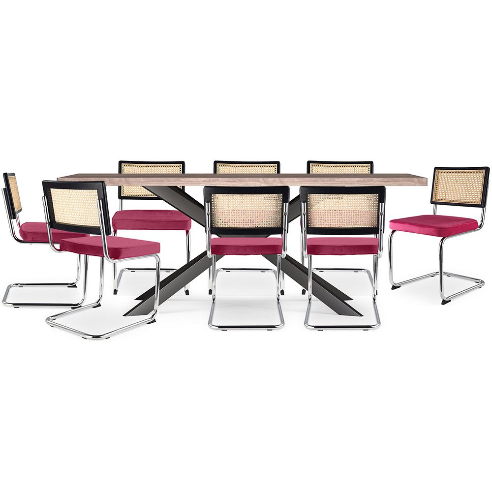 Pack Table à manger en bois design industriel (200cm) & 8 chaises à manger en rotin - tapisserie en velours - Hyre image 8