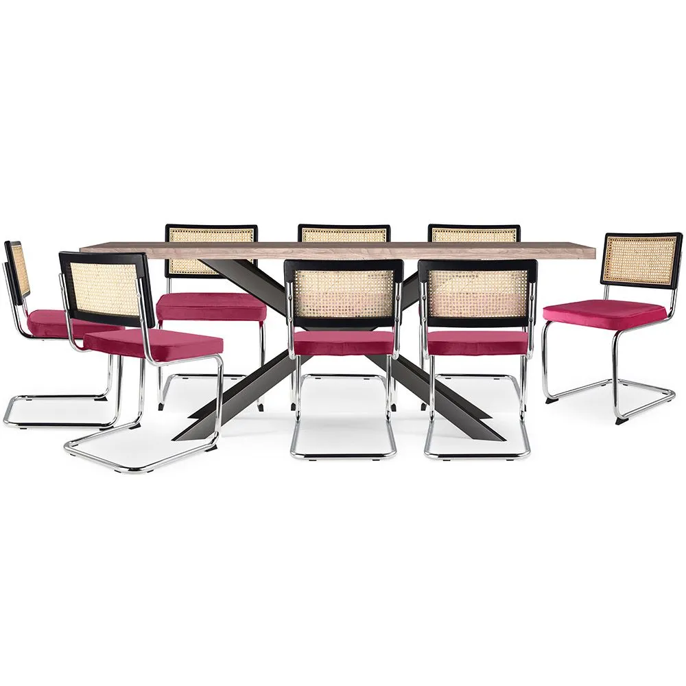 Pack Table à manger en bois design industriel (200cm) & 8 chaises à manger en rotin - tapisserie en velours - Hyre image 8