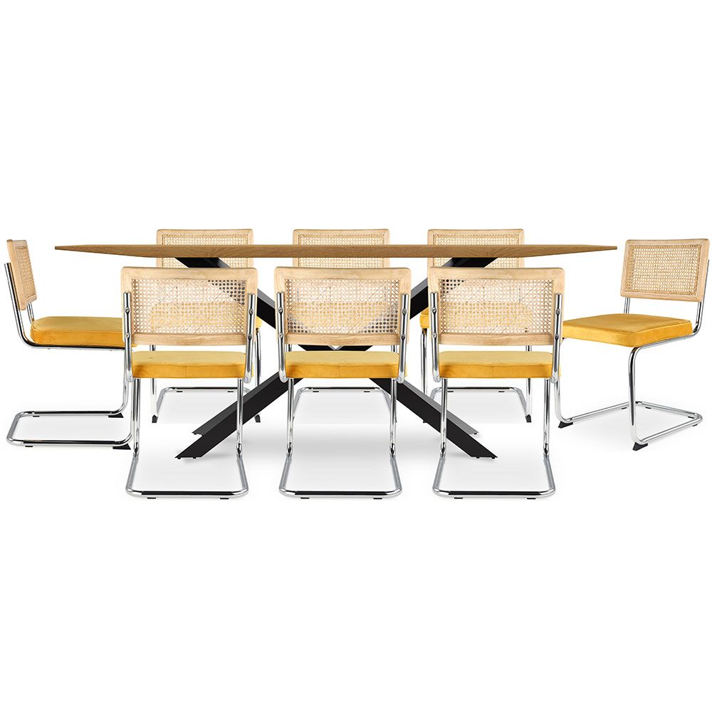 Pack Table à manger design en bois (220cm) & 8 chaises de salle à manger en rotin - tapisserie en velours - Martha image 8