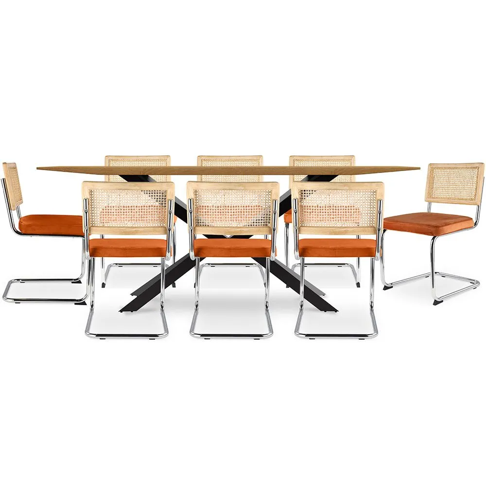 Pack Table à manger design en bois (220cm) & 8 chaises de salle à manger en rotin - tapisserie en velours - Martha image 8