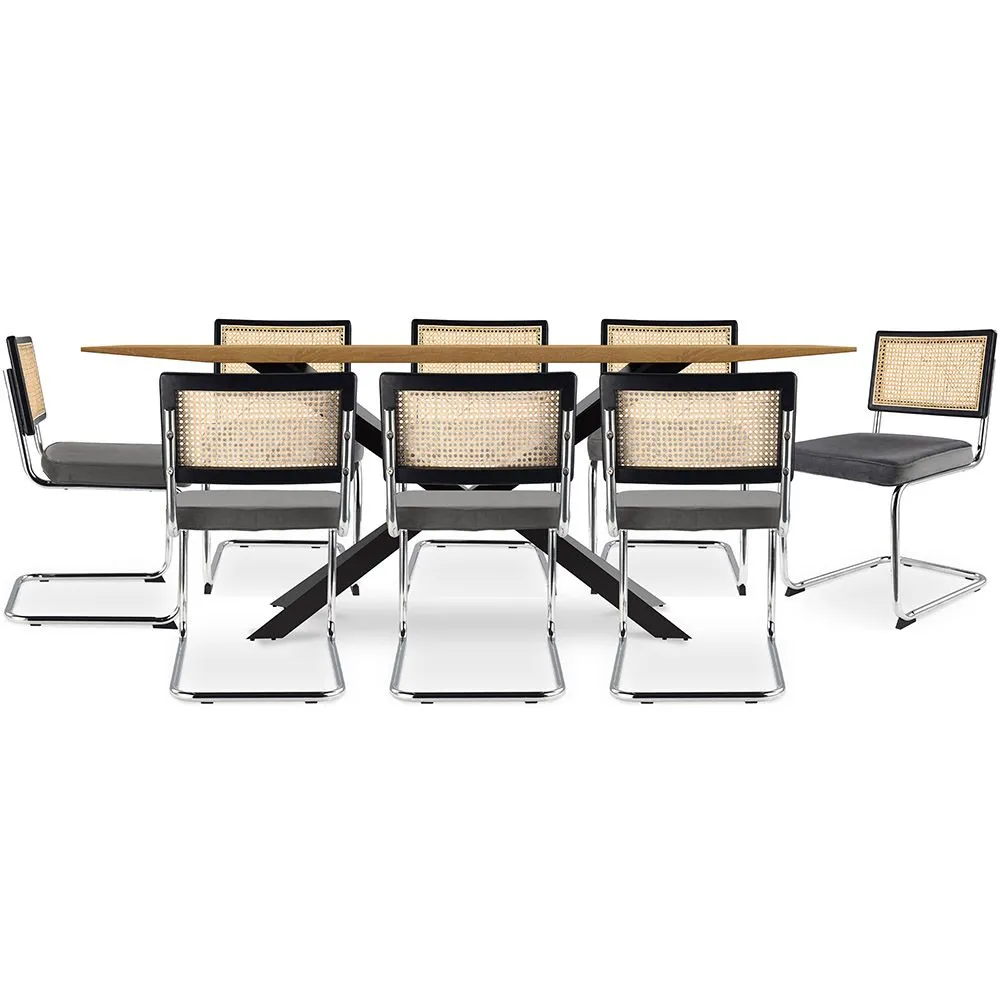 Pack Table de salle à manger design en bois (220cm) & 8 chaises de salle à manger en rotin - Tapisserie en velours - Hyre image 8