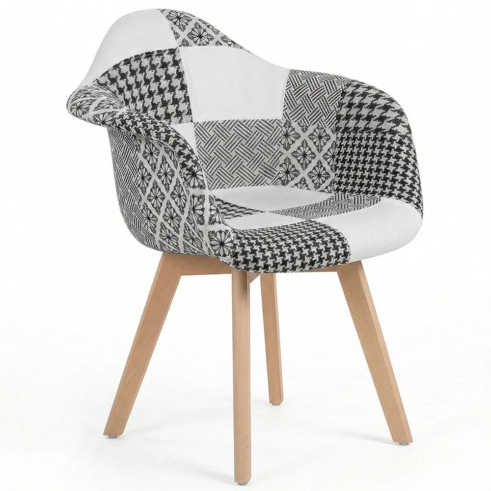 Chaise de Salle à Manger avec Accoudoirs - Tapissée en Patchwork - Blanc et Noir - Dominic image 8